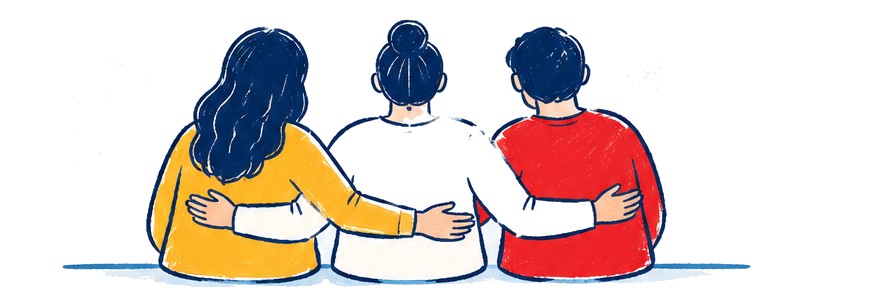 Tres personas abrazadas
